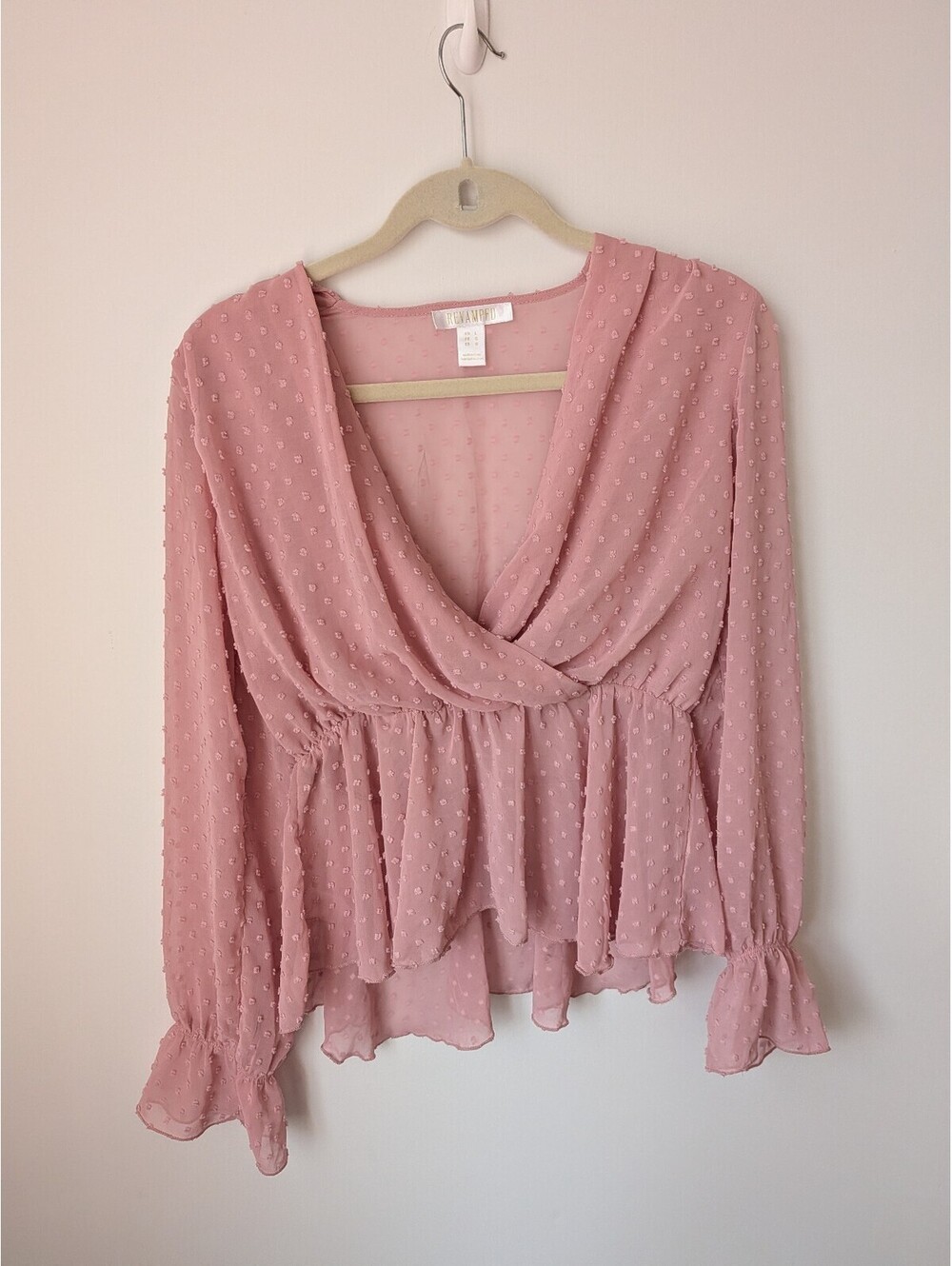 Women's Pink Textured Sheer Peplum Blouse Size L ruffles coquette girly